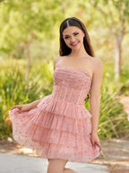 A-Line Strapless Scoop Tiered Sleeveless Short Homecoming Dress - Curvevia