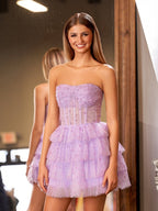 A-Line Strapless Scoop Tiered Sleeveless Short Homecoming Dress - Curvevia