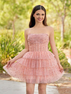 A-Line Strapless Scoop Tiered Sleeveless Short Homecoming Dress - Curvevia