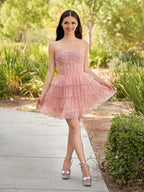 A-Line Strapless Scoop Tiered Sleeveless Short Homecoming Dress - Curvevia