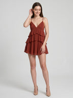 Wine Chiffon A-Line V-Neck Backless Short Dress with Cascading Ruffles - Curvevia