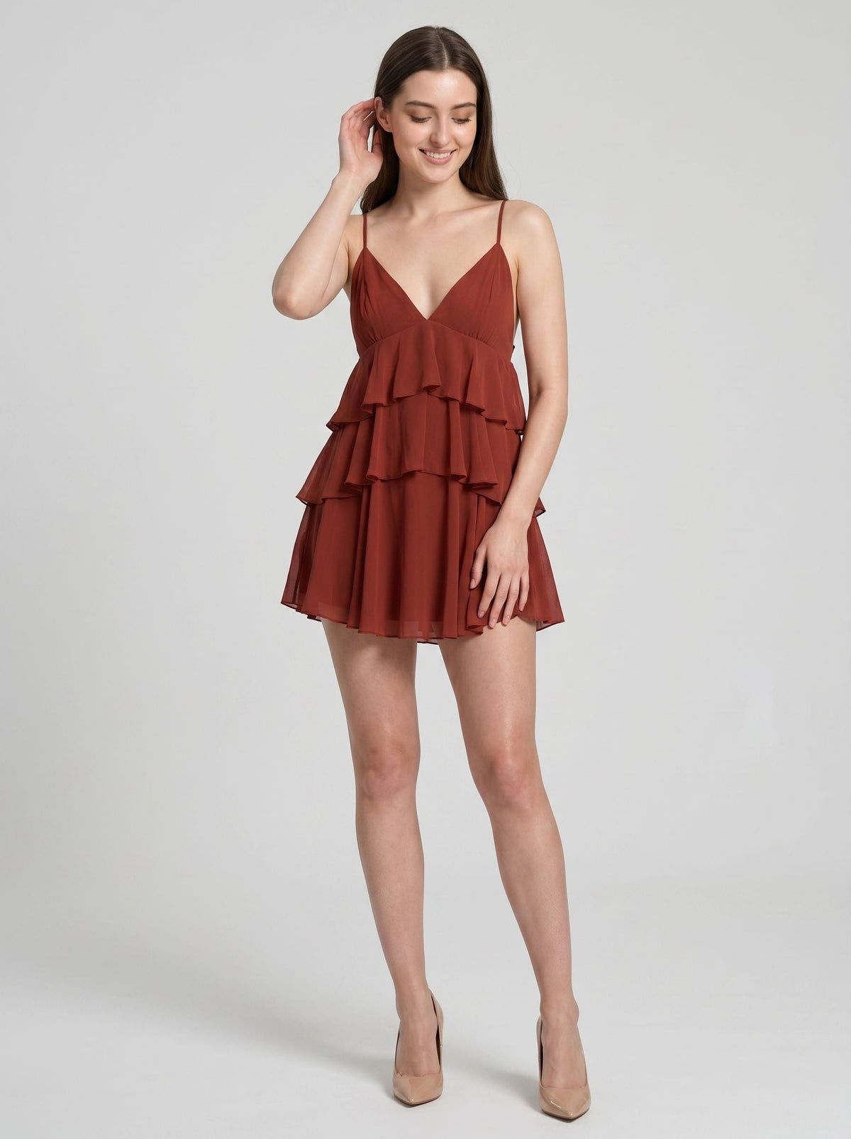 Wine Chiffon A-Line V-Neck Backless Short Dress with Cascading Ruffles - Curvevia