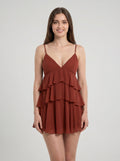 Wine Chiffon A-Line V-Neck Backless Short Dress with Cascading Ruffles - Curvevia