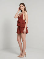 Wine Chiffon A-Line V-Neck Backless Short Dress with Cascading Ruffles - Curvevia