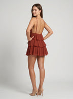 Wine Chiffon A-Line V-Neck Backless Short Dress with Cascading Ruffles - Curvevia