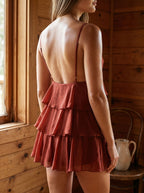 Wine Chiffon A-Line V-Neck Backless Short Dress with Cascading Ruffles - Curvevia