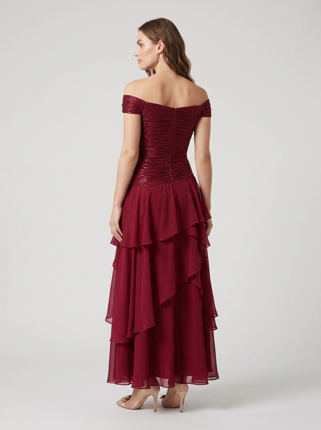 Wine Chiffon A-Line Straight Neck Back Zip Floor-Length Dress with Pleated Bodice - Curvevia