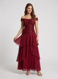 Wine Chiffon A-Line Straight Neck Back Zip Floor-Length Dress with Pleated Bodice - Curvevia