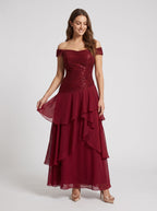 Wine Chiffon A-Line Straight Neck Back Zip Floor-Length Dress with Pleated Bodice - Curvevia