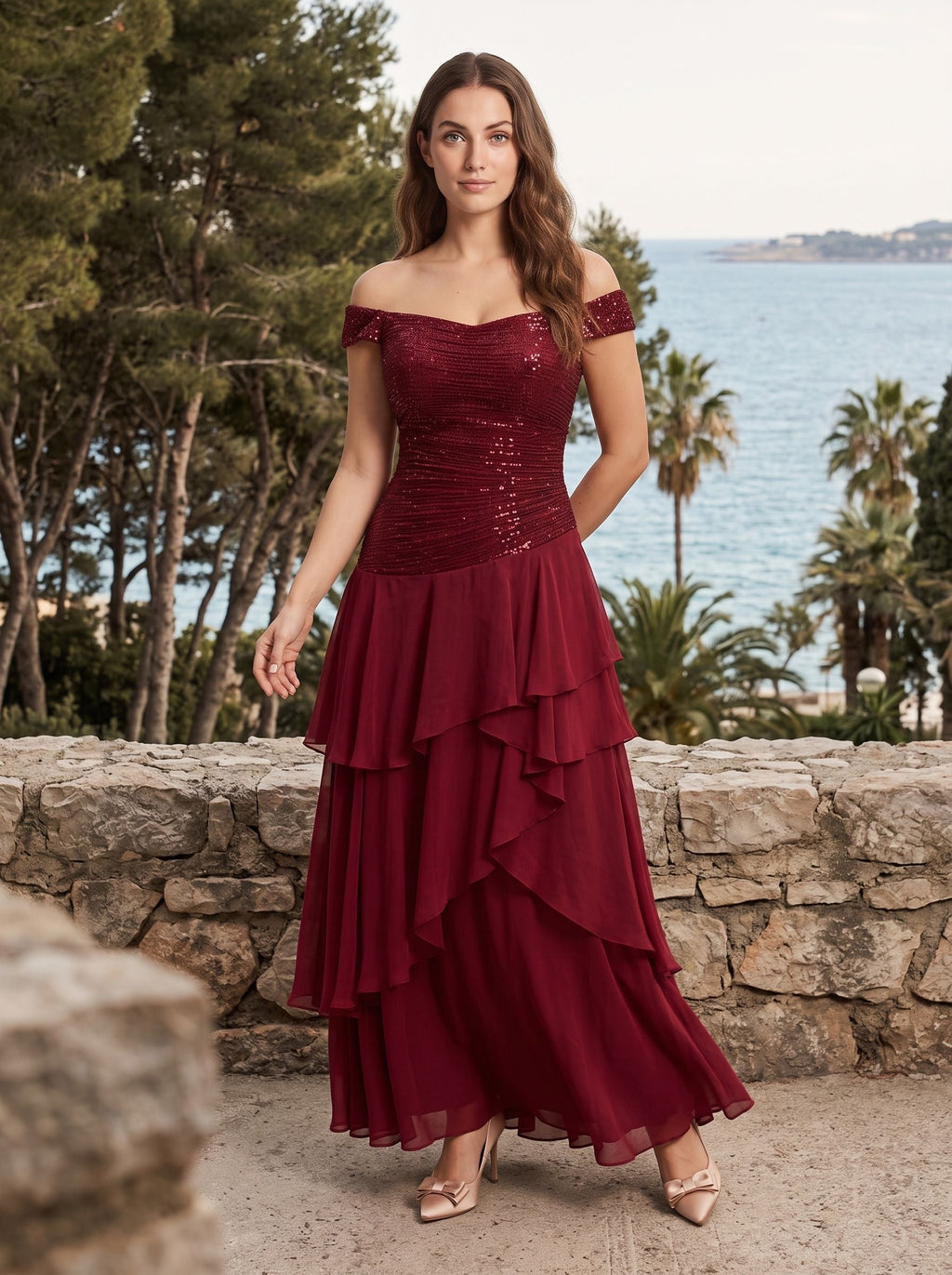 Wine Chiffon A-Line Straight Neck Back Zip Floor-Length Dress with Pleated Bodice - Curvevia