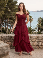 Wine Chiffon A-Line Straight Neck Back Zip Floor-Length Dress with Pleated Bodice - Curvevia