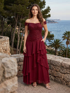 Wine Chiffon A-Line Straight Neck Back Zip Floor-Length Dress with Pleated Bodice - Curvevia