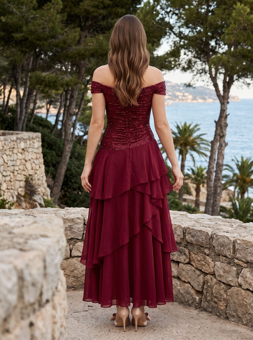 Wine Chiffon A-Line Straight Neck Back Zip Floor-Length Dress with Pleated Bodice - Curvevia
