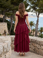 Wine Chiffon A-Line Straight Neck Back Zip Floor-Length Dress with Pleated Bodice - Curvevia
