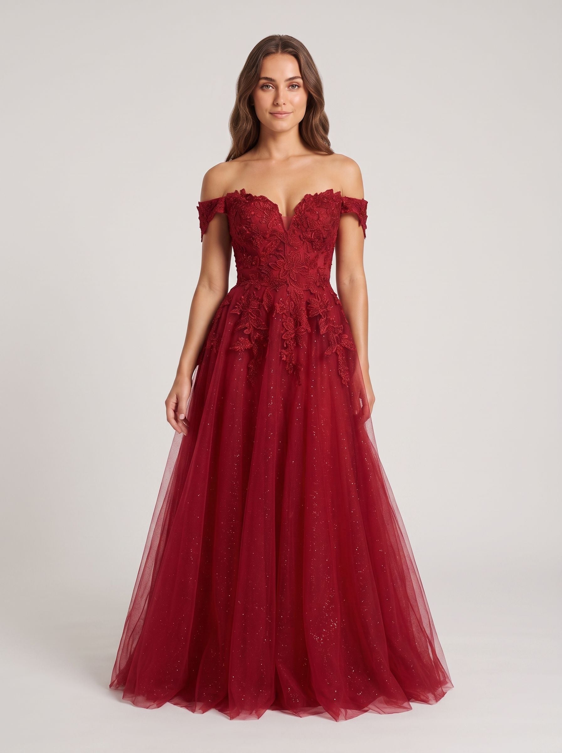 Wine Lace A-Line Off-the-Shoulder Lace-up Floor-Length Dress with Sheer Bodice - Curvevia