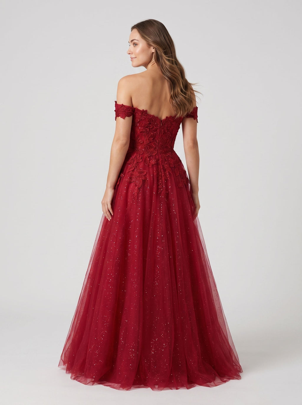 Wine Lace A-Line Off-the-Shoulder Lace-up Floor-Length Dress with Sheer Bodice - Curvevia