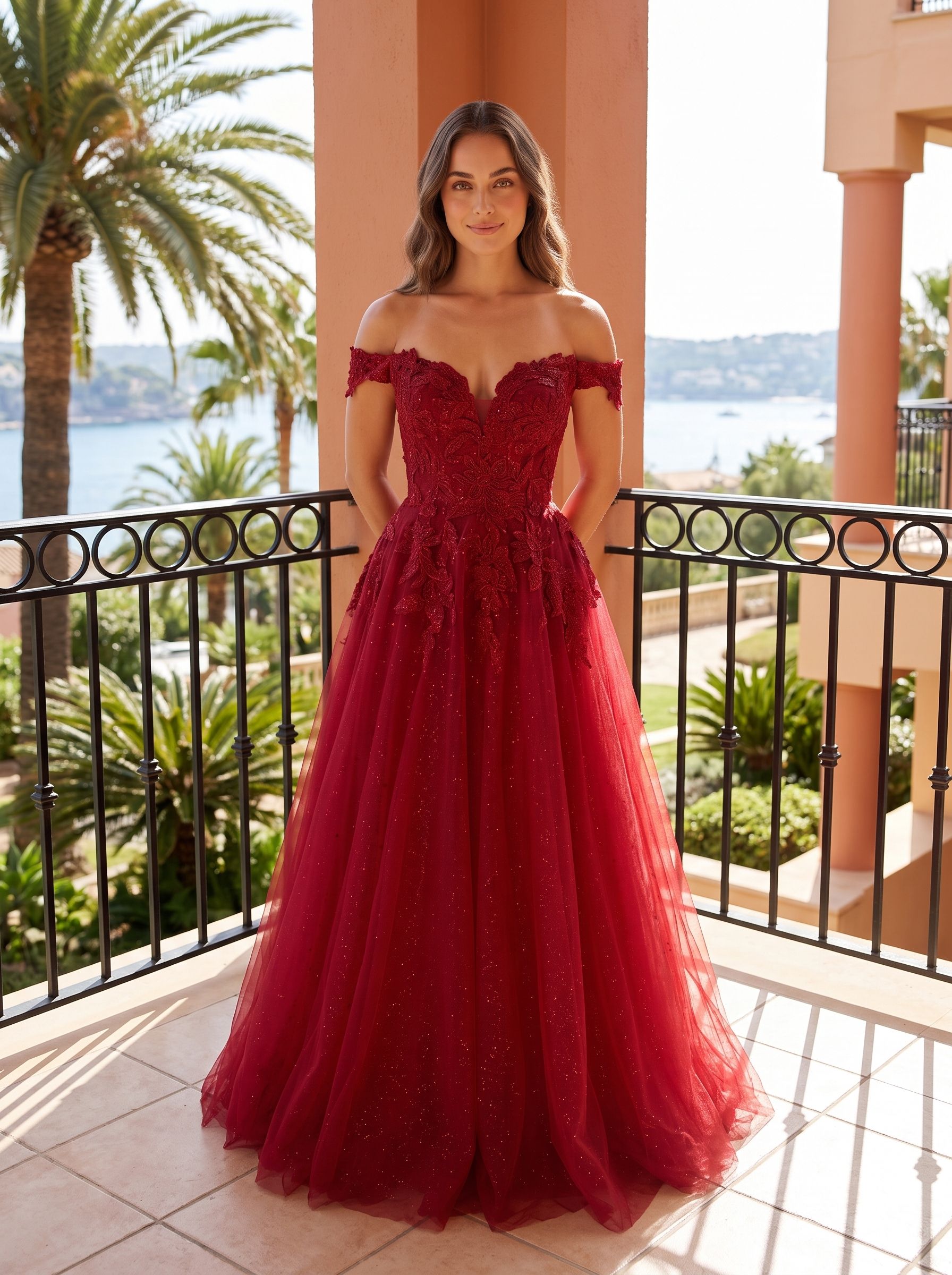 Wine Lace A-Line Off-the-Shoulder Lace-up Floor-Length Dress with Sheer Bodice - Curvevia