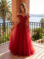 Wine Lace A-Line Off-the-Shoulder Lace-up Floor-Length Dress with Sheer Bodice - Curvevia