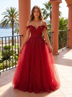Wine Lace A-Line Off-the-Shoulder Lace-up Floor-Length Dress with Sheer Bodice - Curvevia