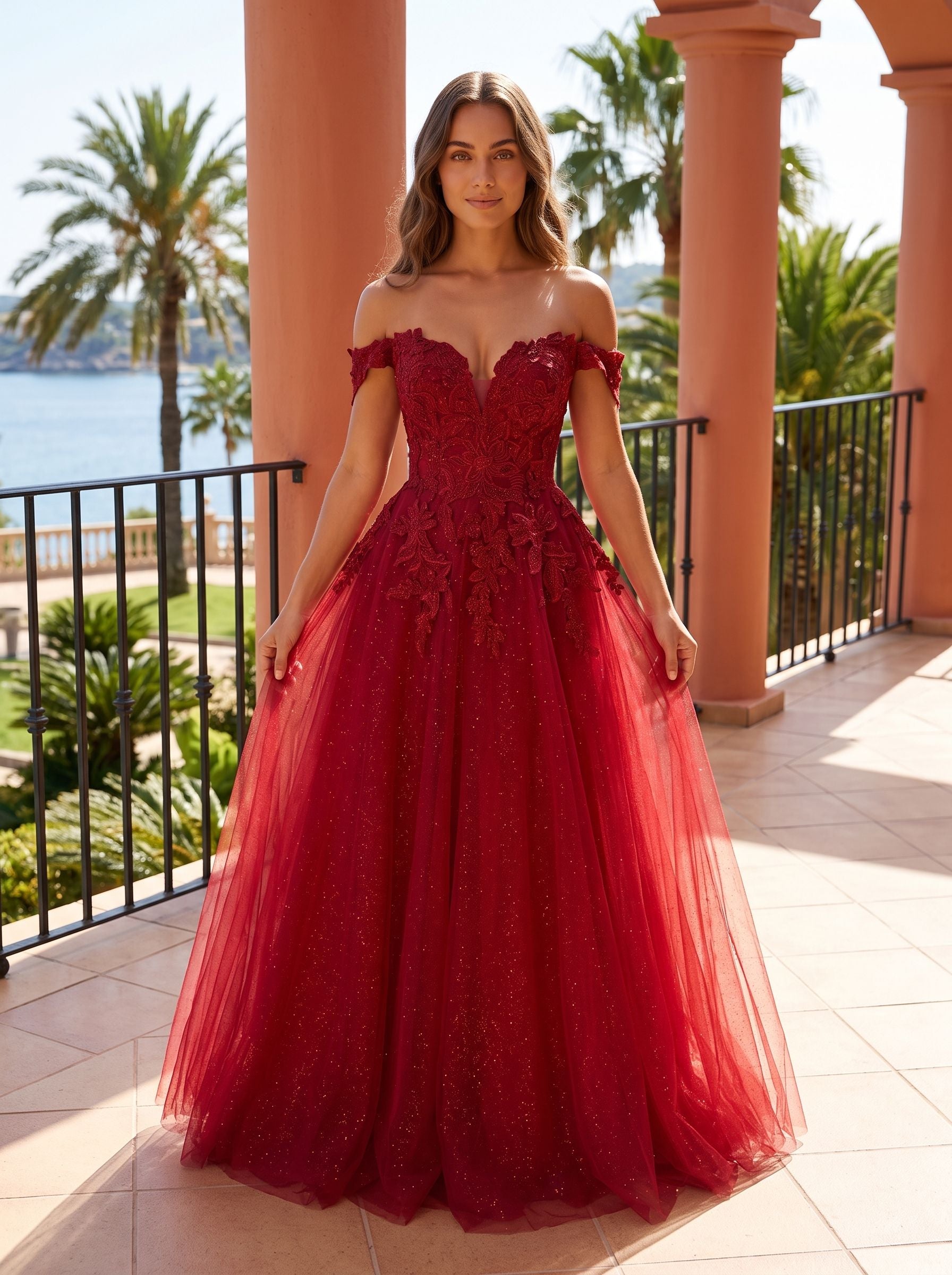 Wine Lace A-Line Off-the-Shoulder Lace-up Floor-Length Dress with Sheer Bodice - Curvevia