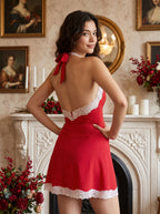 Red Lace A-Line Halter neckline Backless Short Dress with Polka Dots - Curvevia