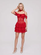 Red Lace A-Line Scoop Neck Backless Short Dress with Layered Skirt - Curvevia