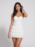 White Lace A-Line Sweetheart Back Zip Short Dress with Ruffled Hem - Curvevia