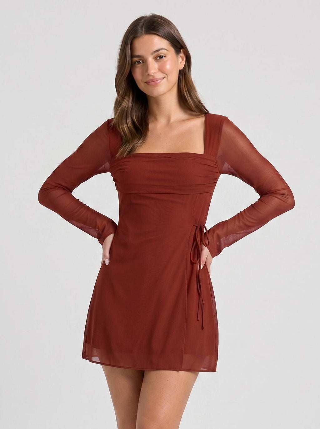 Wine Mesh A-Line Square Neck Back Zip Short Dress with Sheer Long Sleeves - Curvevia