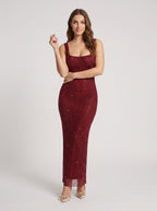 Wine Rhinestone Mesh Sheath Square Neck Backless Floor-Length Dress - Curvevia