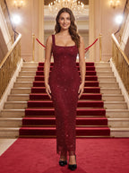 Wine Rhinestone Mesh Sheath Square Neck Backless Floor-Length Dress - Curvevia