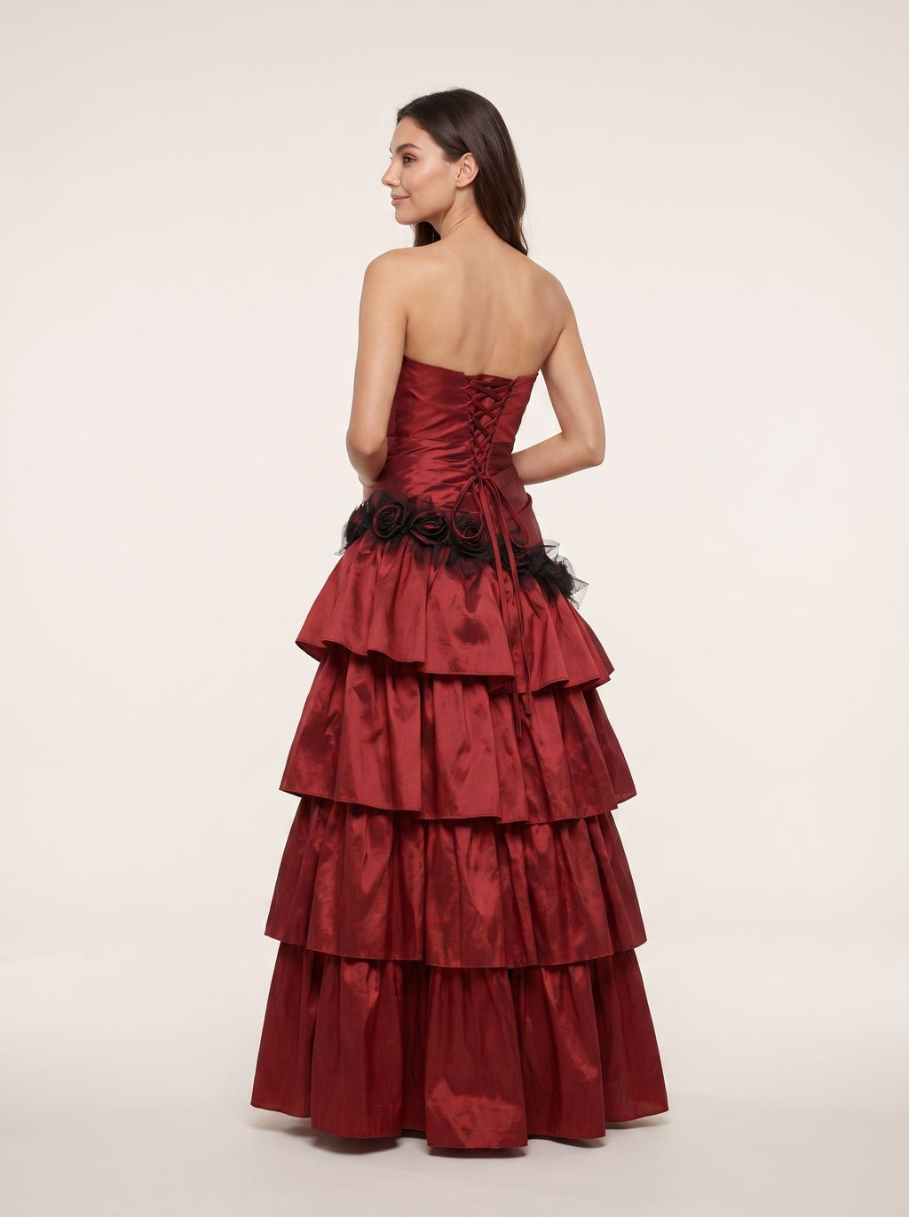 Wine Satin A-Line Sweetheart Lace-up Floor-Length Dress with Tiered Ruffles - Curvevia