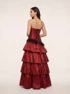 Wine Satin A-Line Sweetheart Lace-up Floor-Length Dress with Tiered Ruffles - Curvevia