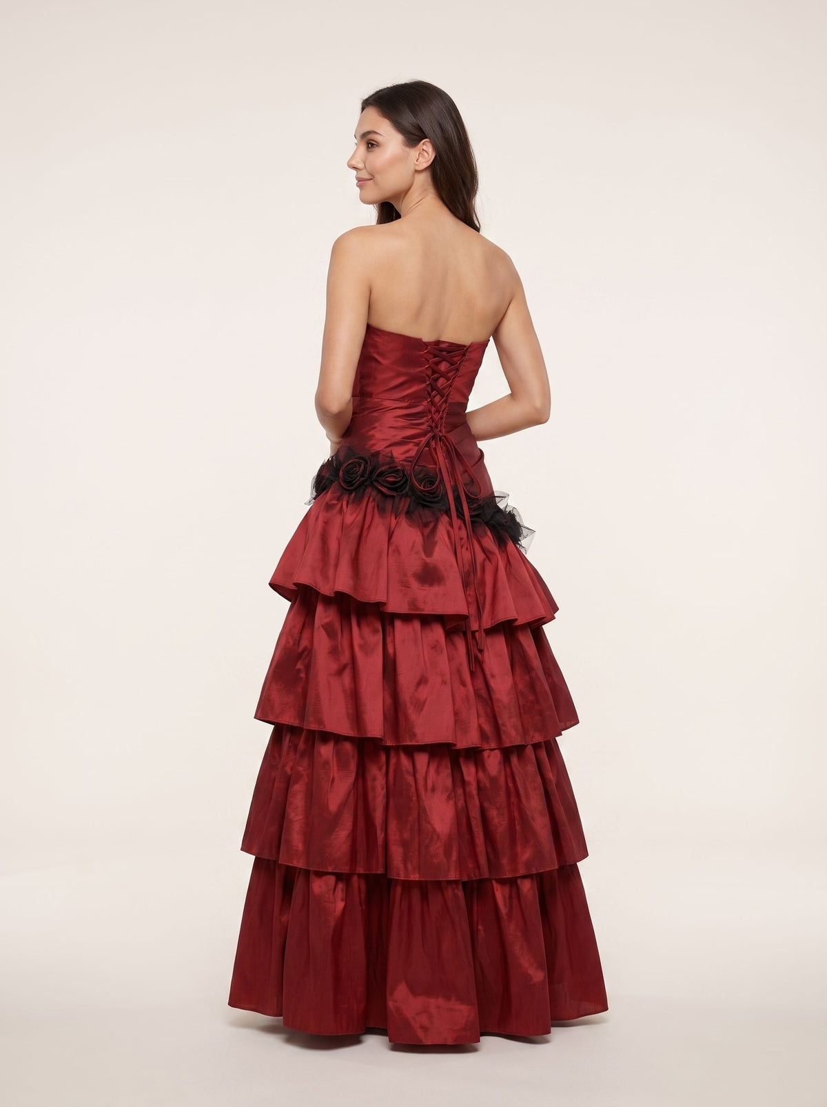 Wine Satin A-Line Sweetheart Lace-up Floor-Length Dress with Tiered Ruffles - Curvevia