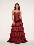 Wine Satin A-Line Sweetheart Lace-up Floor-Length Dress with Tiered Ruffles - Curvevia
