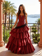 Wine Satin A-Line Sweetheart Lace-up Floor-Length Dress with Tiered Ruffles - Curvevia