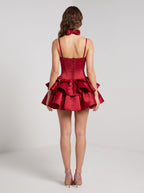 Wine Satin A-Line Cowl Neck Lace-up Short Dress with Layered Skirt - Curvevia