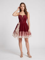 Red Satin A-Line V-Neck Back Zip Short Dress with 3D Flower - Curvevia
