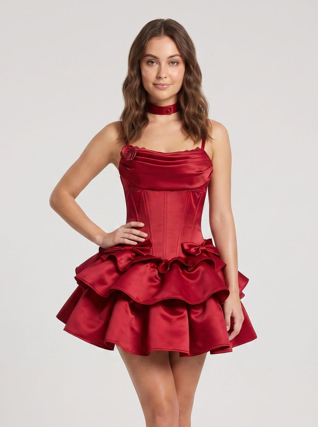 Wine Satin A-Line Cowl Neck Lace-up Short Dress with Layered Skirt - Curvevia