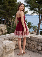 Red Satin A-Line V-Neck Back Zip Short Dress with 3D Flower - Curvevia