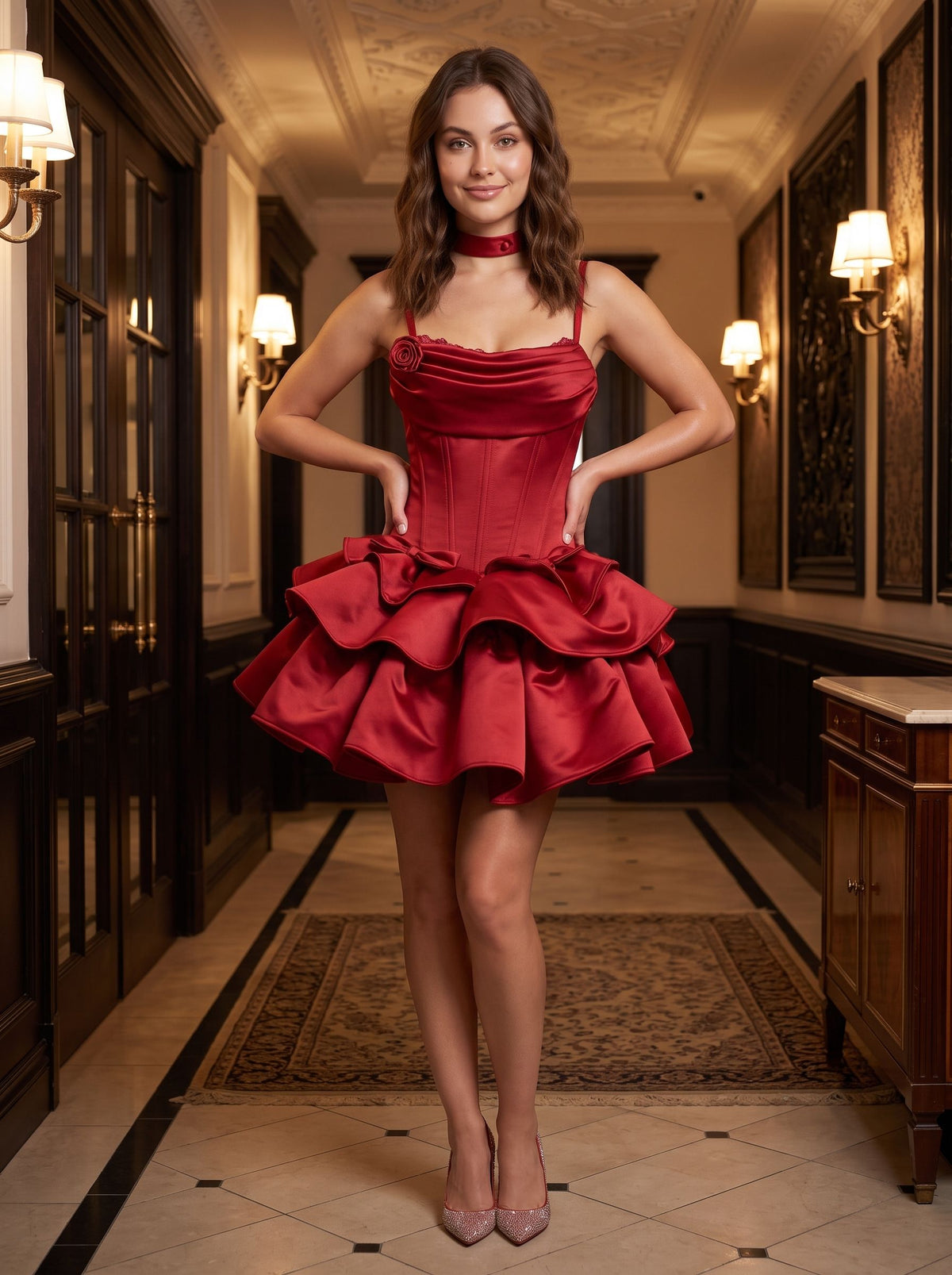 Wine Satin A-Line Cowl Neck Lace-up Short Dress with Layered Skirt - Curvevia