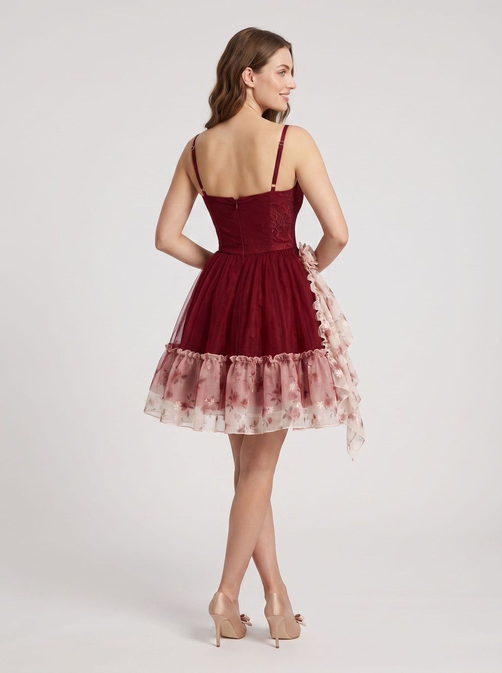 Red Satin A-Line V-Neck Back Zip Short Dress with 3D Flower - Curvevia