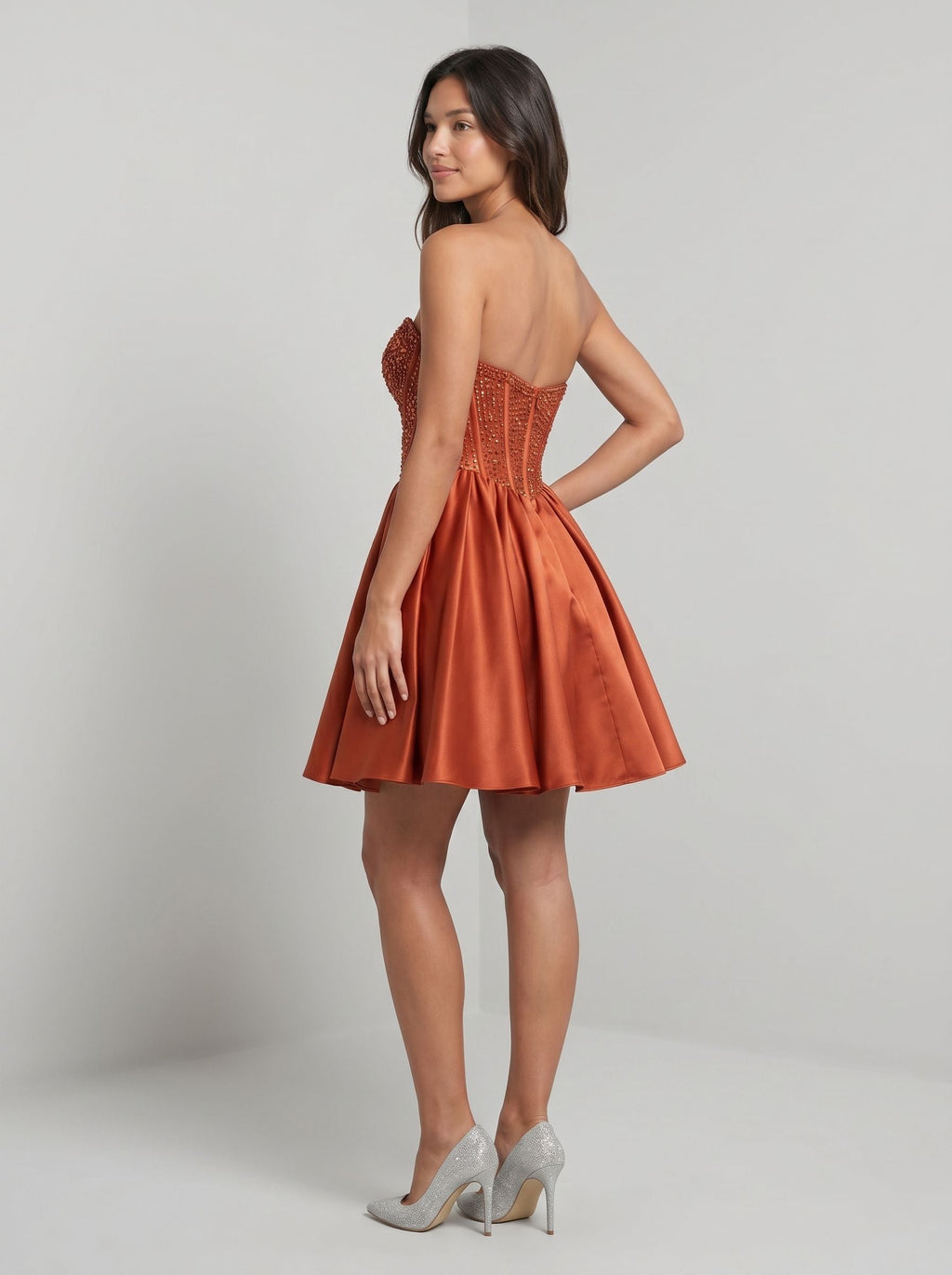 Rust Satin A-Line Sweetheart Back Zip Short Dress with Beaded Corset Bodice - Curvevia