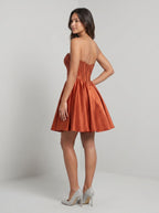 Rust Satin A-Line Sweetheart Back Zip Short Dress with Beaded Corset Bodice - Curvevia