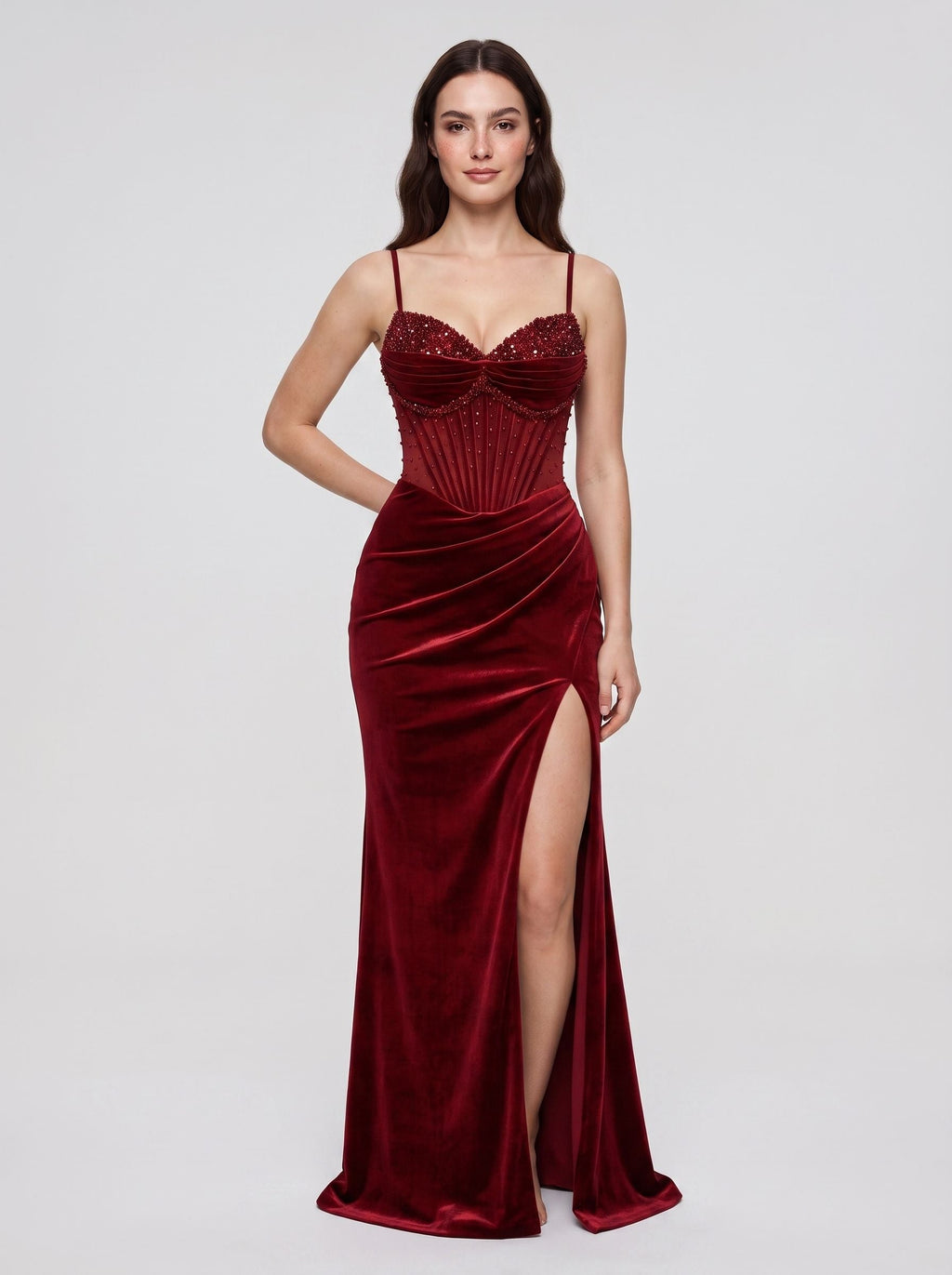 Wine Satin Mermaid Sweetheart Corset Back Floor-Length Dress with Beaded Slit - Curvevia