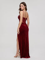 Wine Satin Mermaid Sweetheart Corset Back Floor-Length Dress with Beaded Slit - Curvevia