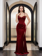 Wine Satin Mermaid Sweetheart Corset Back Floor-Length Dress with Beaded Slit - Curvevia