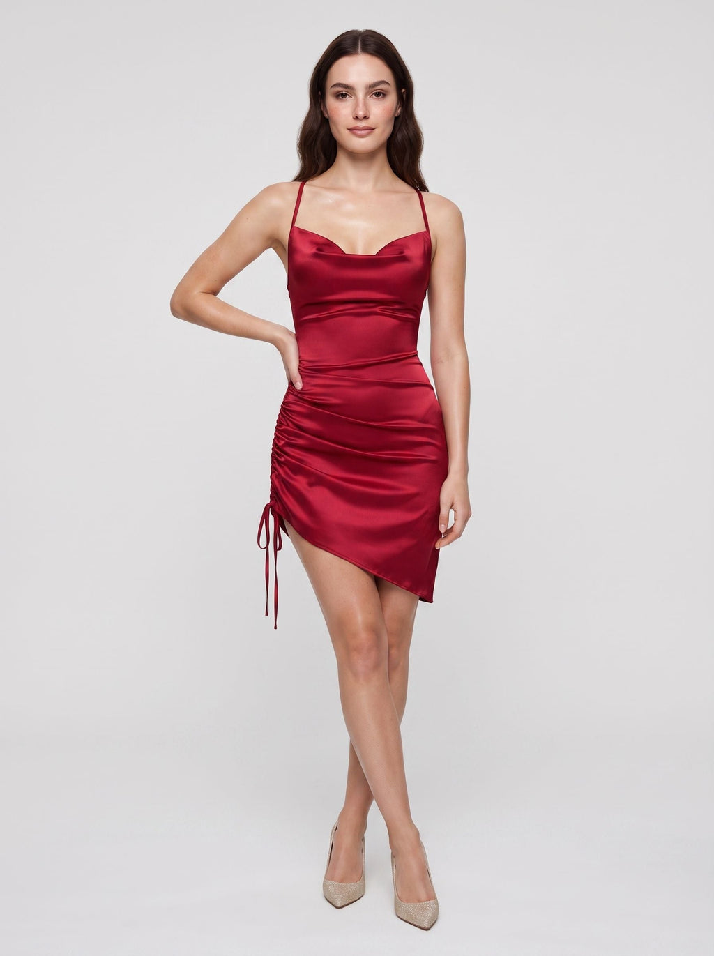 Red Satin Sheath Scoop Neck Lace-up Short Dress with Ruched Sides - Curvevia