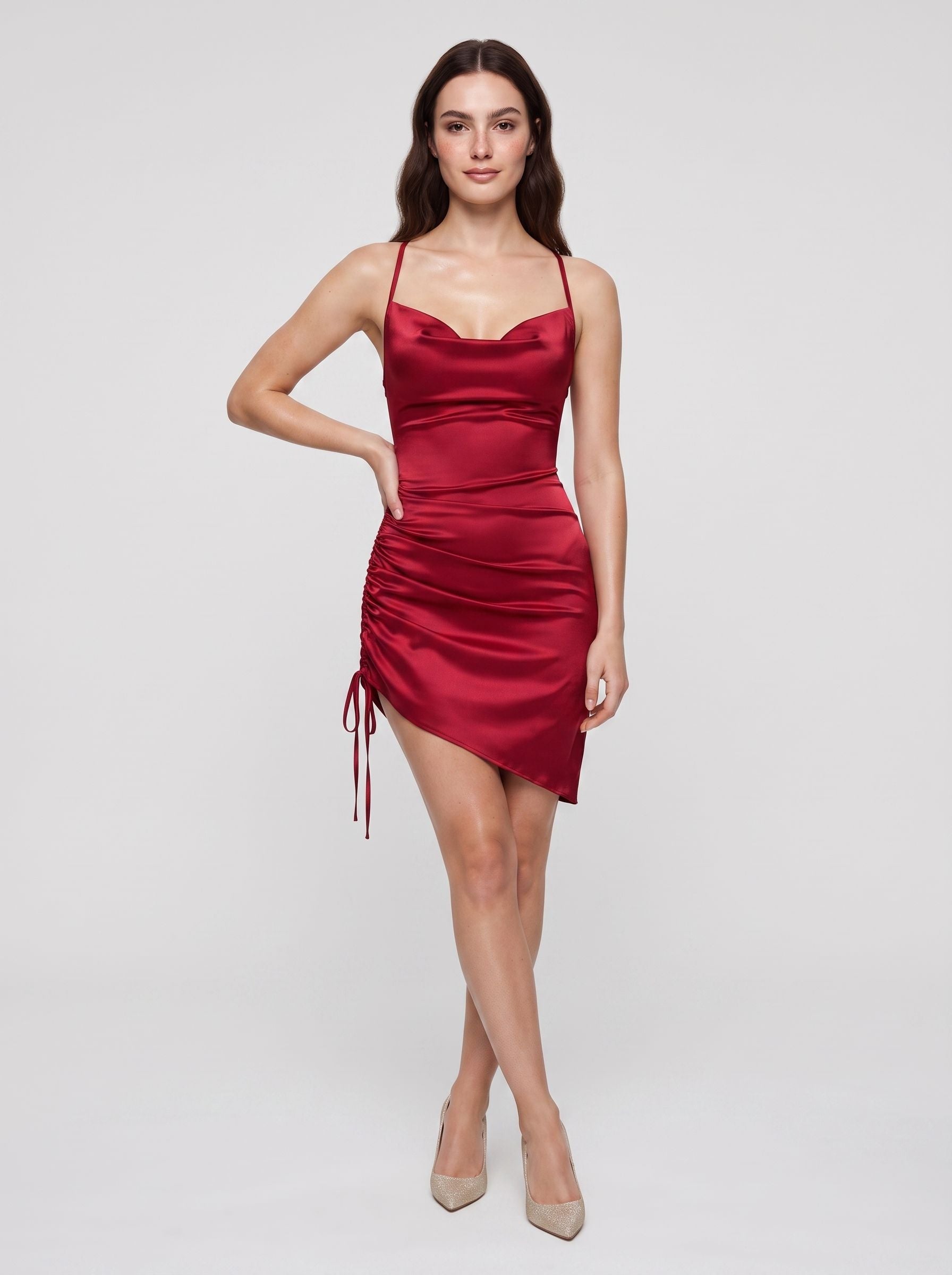 Red Satin Sheath Scoop Neck Lace-up Short Dress with Ruched Sides - Curvevia