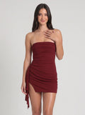Wine Satin Sheath Straight Neck Side Zip Short Dress with Ruched Tassels - Curvevia