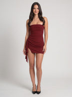 Wine Satin Sheath Straight Neck Side Zip Short Dress with Ruched Tassels - Curvevia